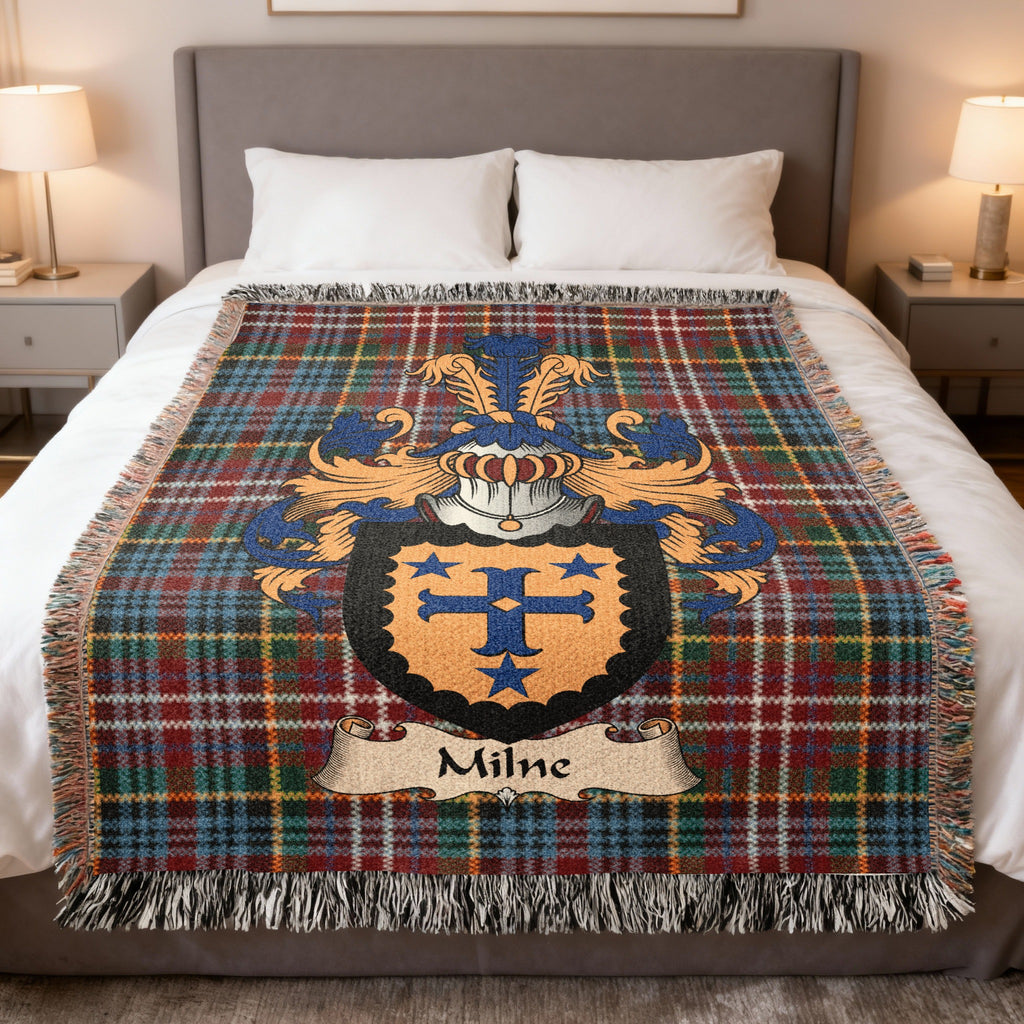 Milne Caledonia tartan heritage woven throw blanket with family shield