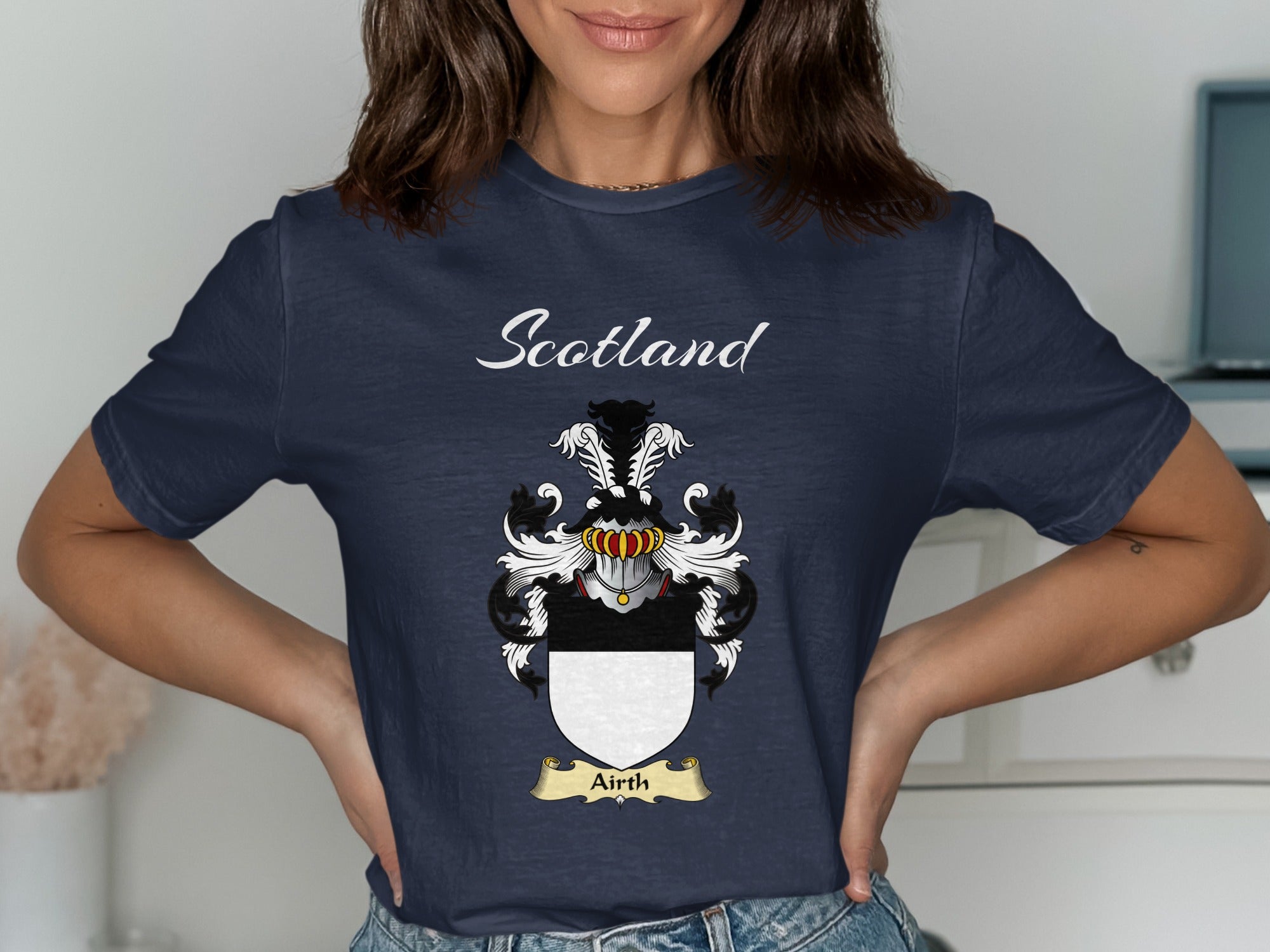 Airth Scottish family shield design on Navy T-shirt