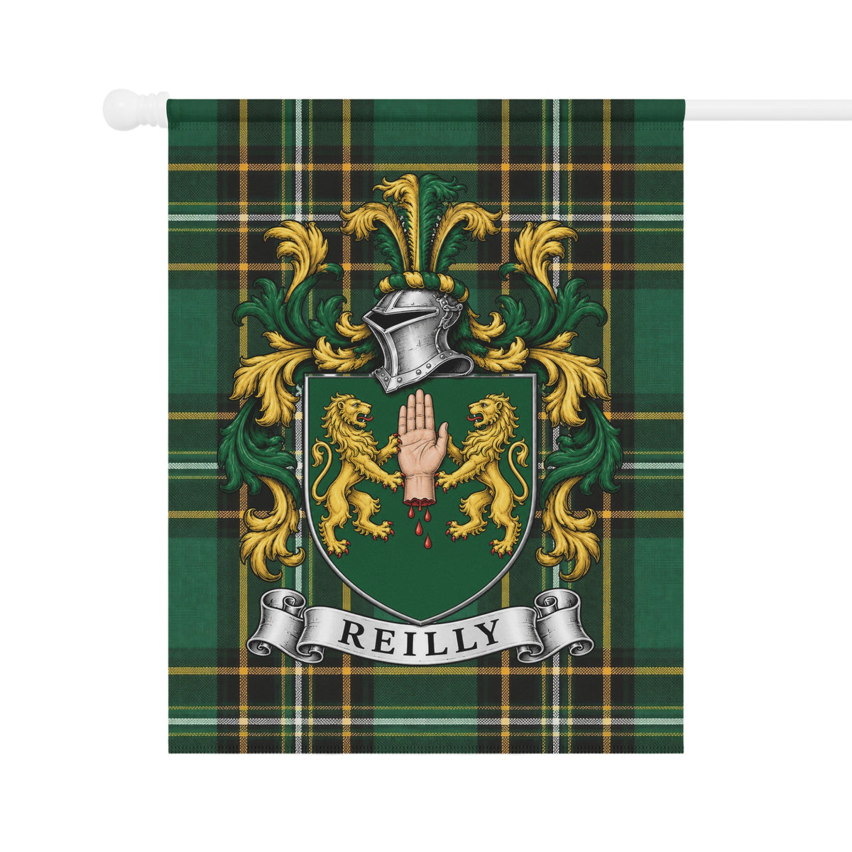 Reilly family crest flag with Irish National Tartan heritage design