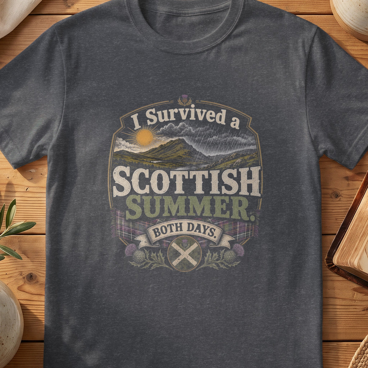 Dark grey Gildan 64000 unisex T-shirt flatlay with I Survived a Scottish Summer Both Days Scottish graphic design