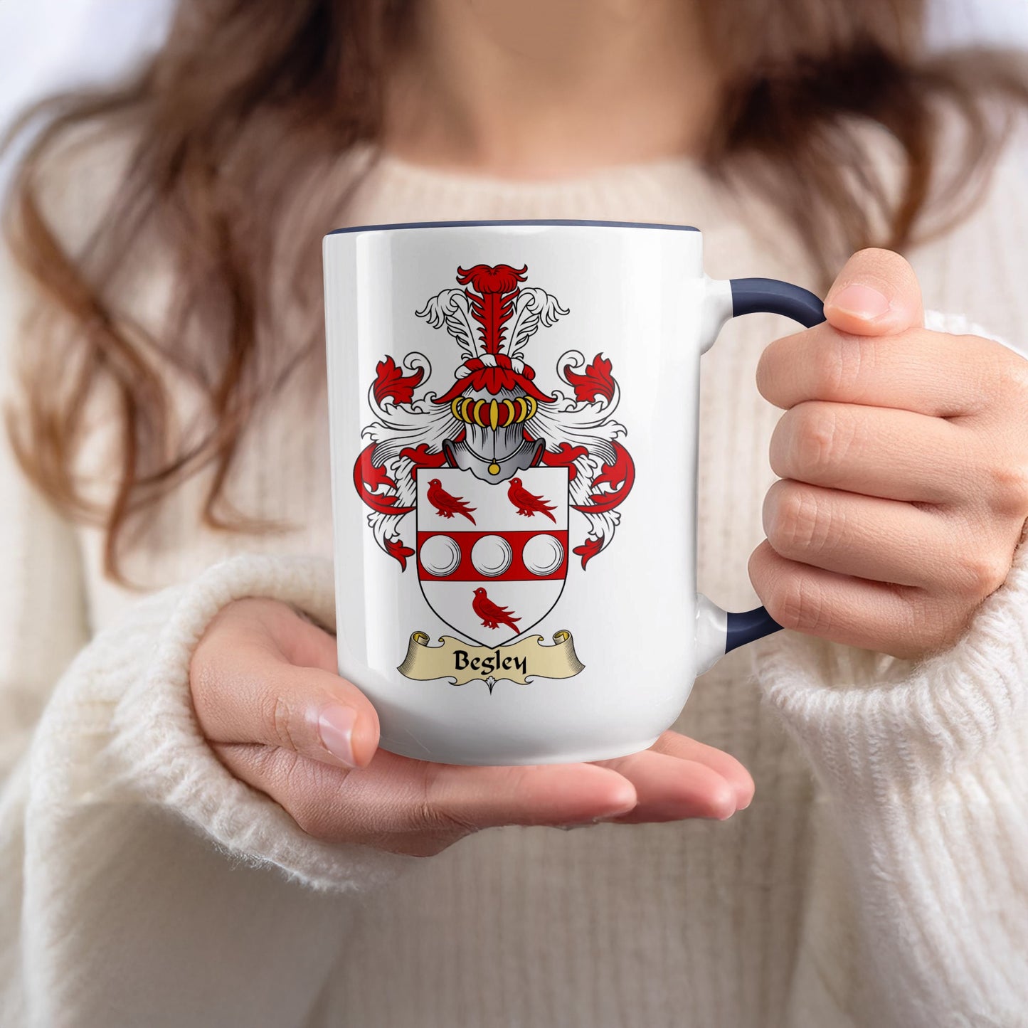 Mug with Besley family crest and name in red and white.