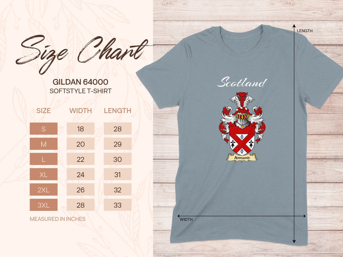 Gildan 64000 size chart for Annand Scottish family shield T-shirt