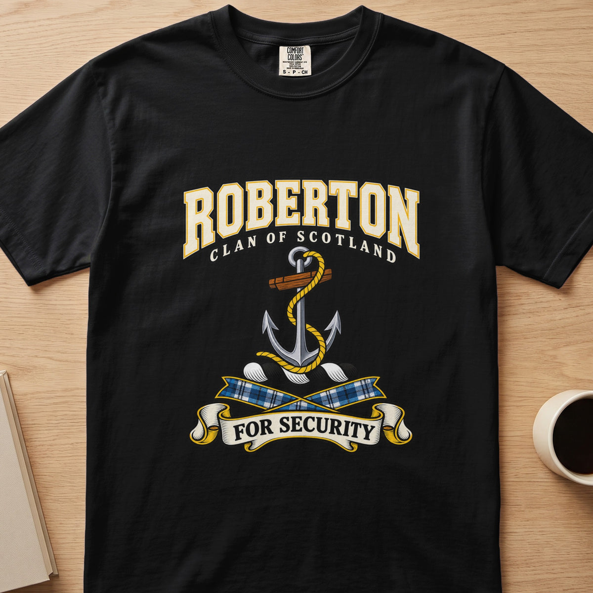 Roberton clan T-shirt in black, front view with silver-colored anchor with gold rope