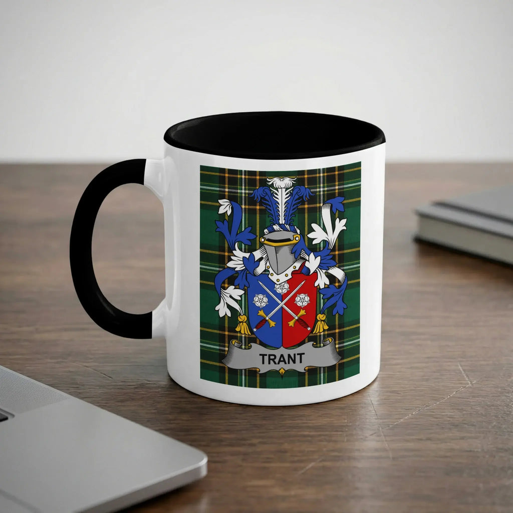 Mug with Trant family crest, white ceramic with black interior.
