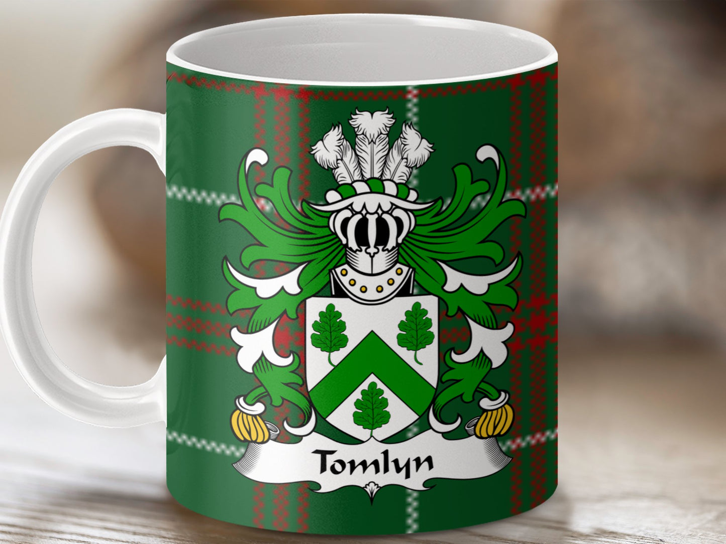 Tomlyn Welsh Surname Tartan Background Coat of Arms Mug - Living Stone Gifts