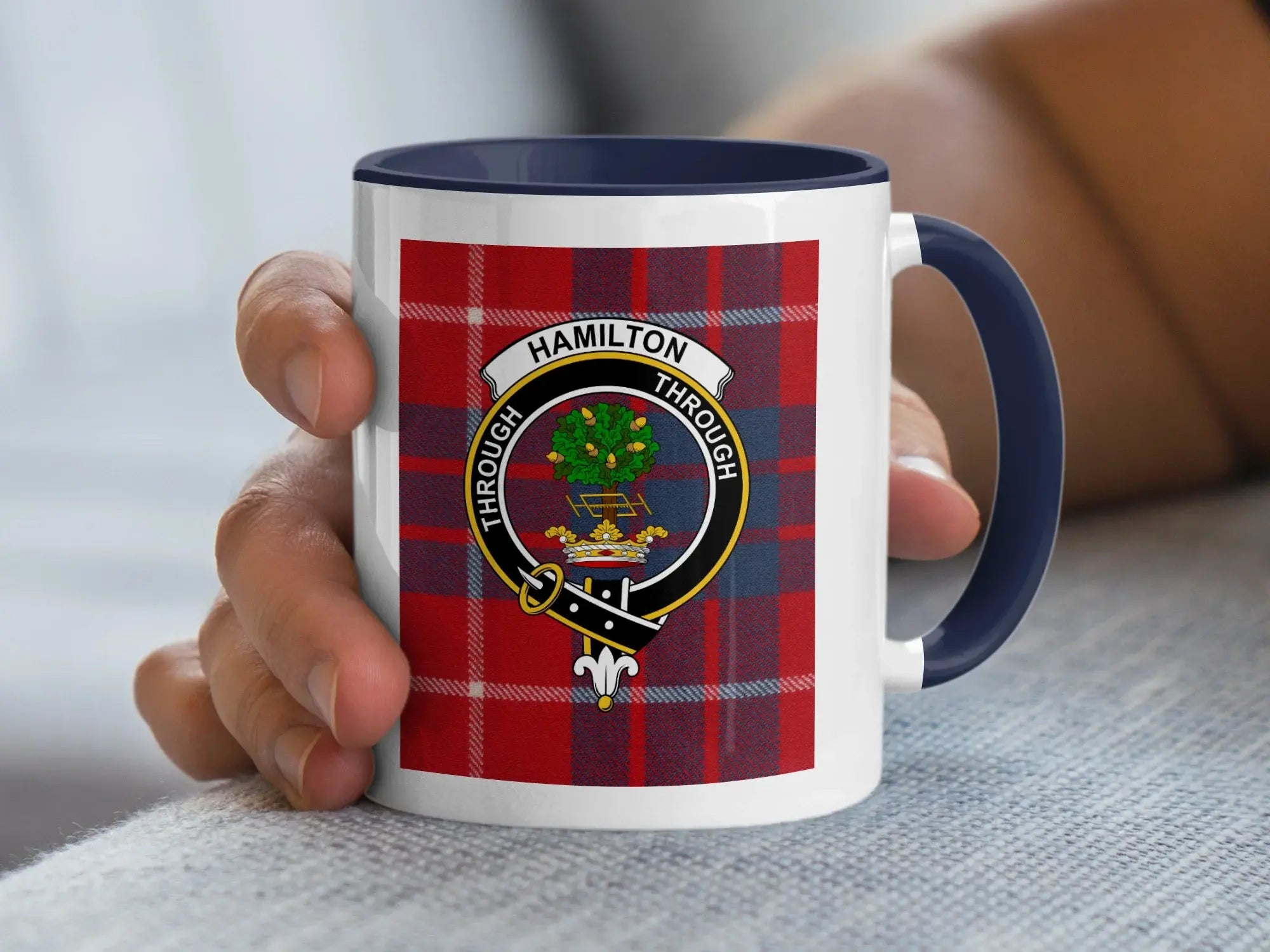 Hamilton clan tartan plaid crest accent mug — glossy ceramic, Through motto, black handle
