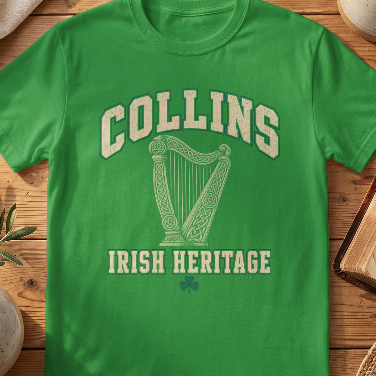 Collins Irish Heritage green Gildan 64000 T-shirt with Celtic harp design