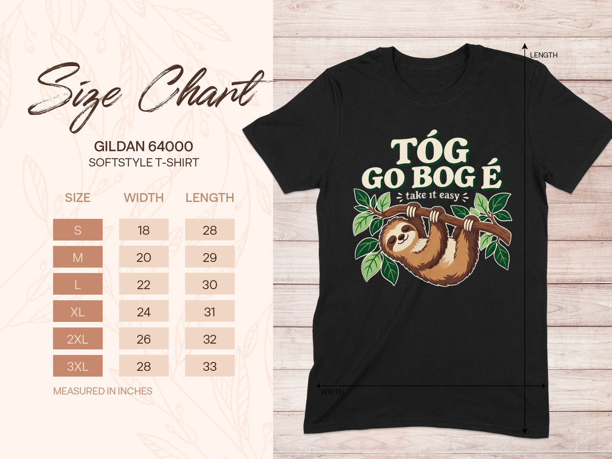 Gildan 64000 unisex T-shirt size chart with width and length measurements