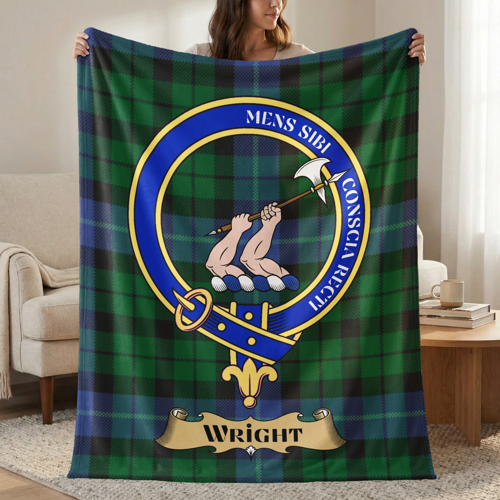 Wright clan crest tartan throw blanket with axe crest — 50x60 polyester