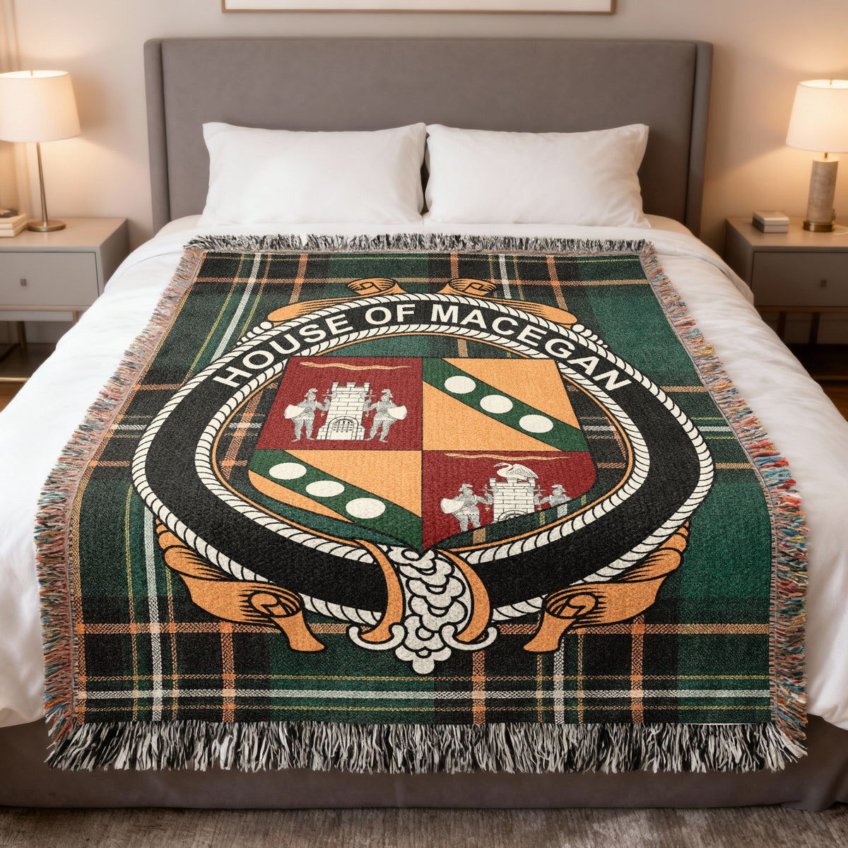 MacEgan Irish National Tartan woven blanket with family crest emblem