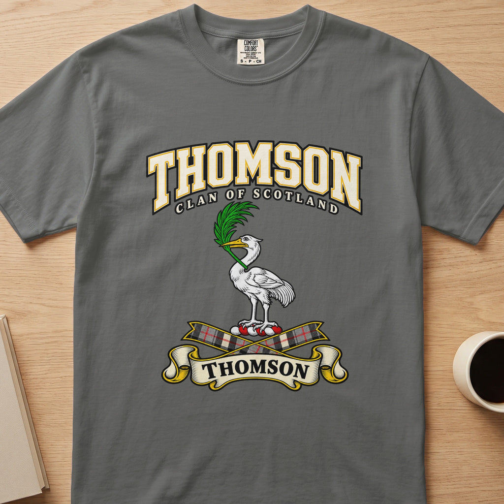 Thomson clan T-shirt in gray, front view with white long-legged bird with green foliage