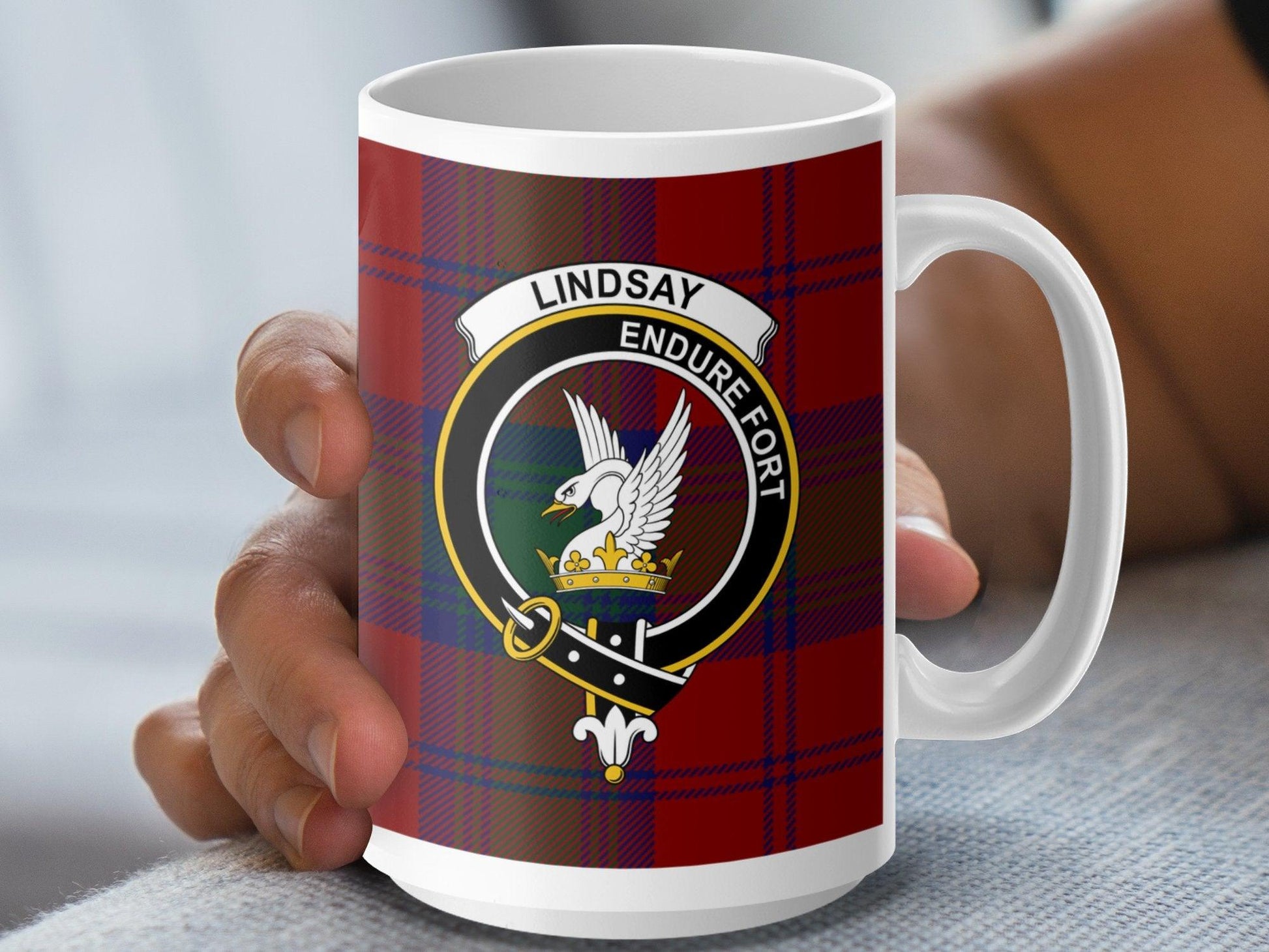 Lindsay Scottish Clan Red Tartan Crest Plaid Mug - Living Stone Gifts