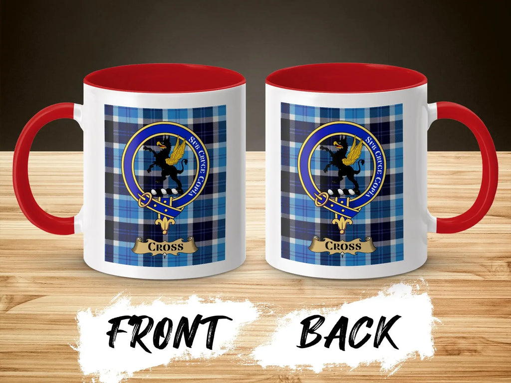 Cross tartan-background crest mug shown as a Scottish heritage gift