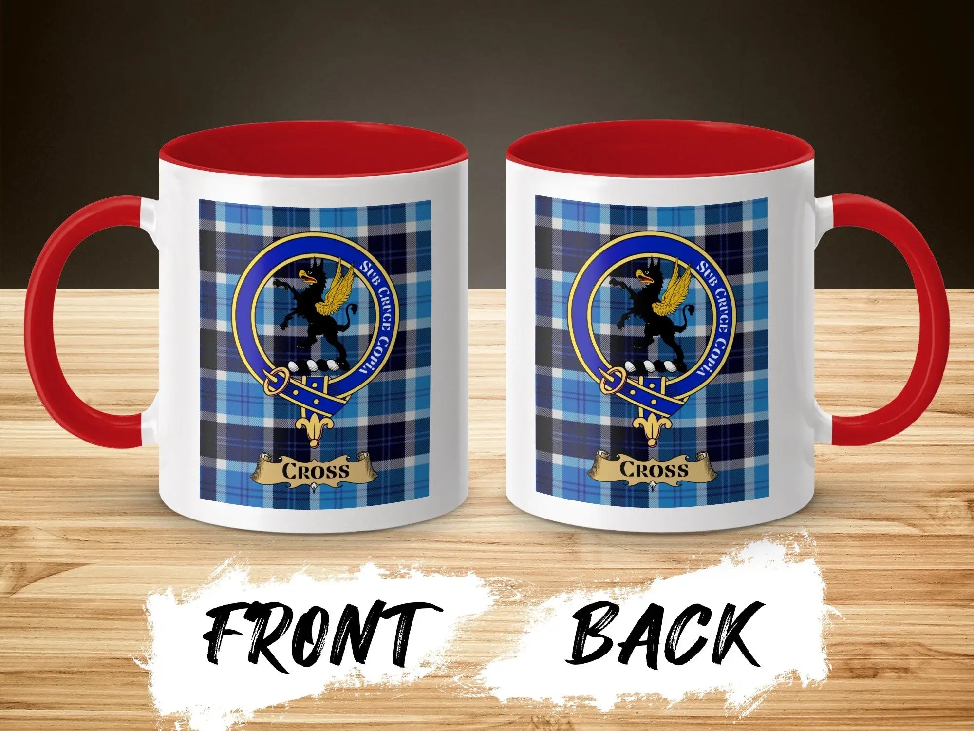Cross tartan-background crest mug shown as a Scottish heritage gift