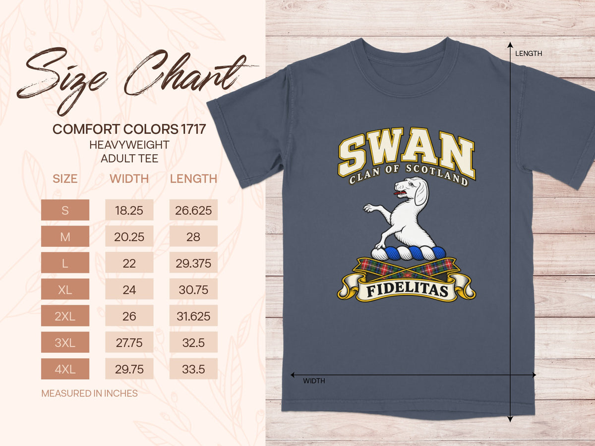 Comfort Colors 1717 size chart for the Swan Scottish clan T-shirt, adult sizes S–4XL.
