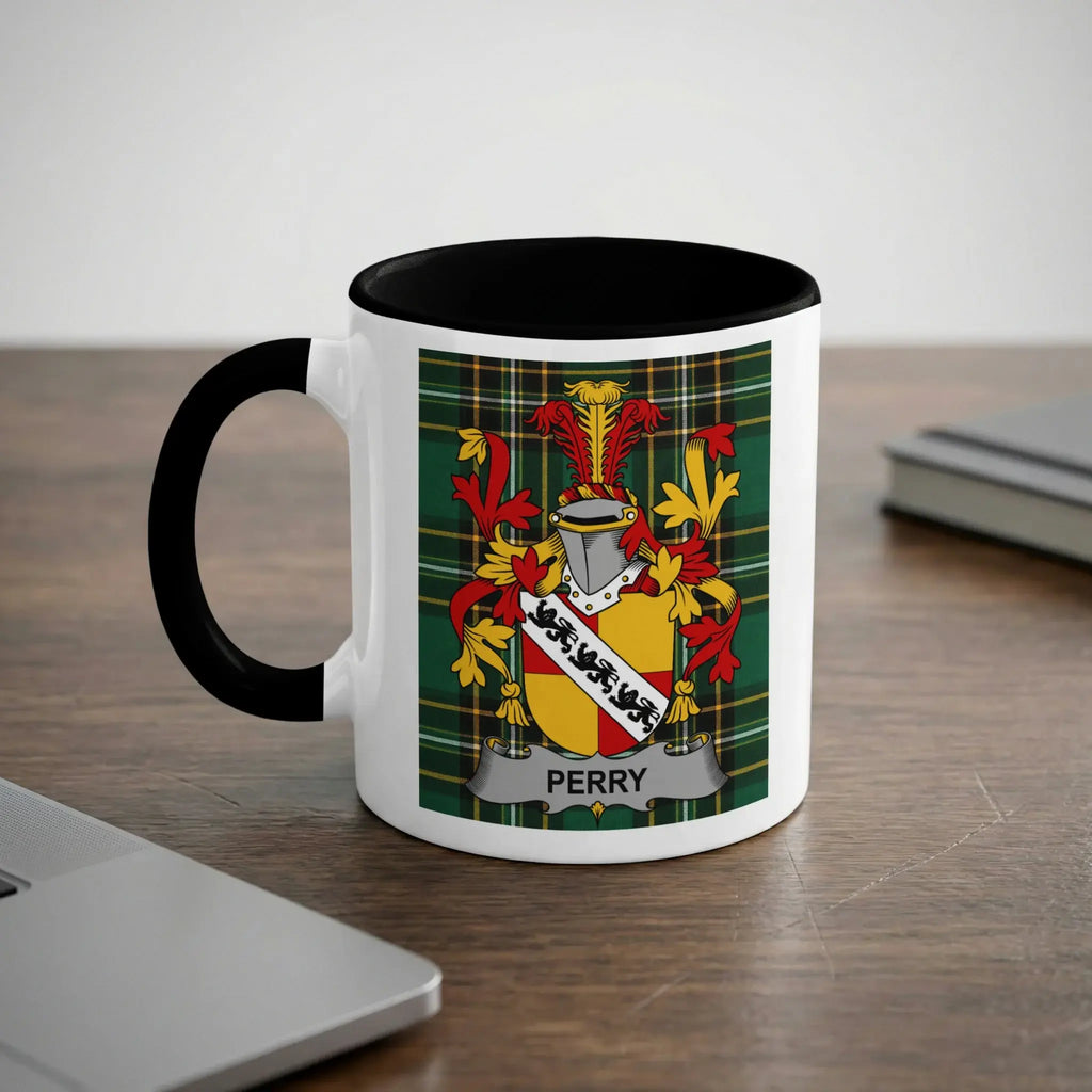 Perry Irish heritage mug with black interior and surname crest