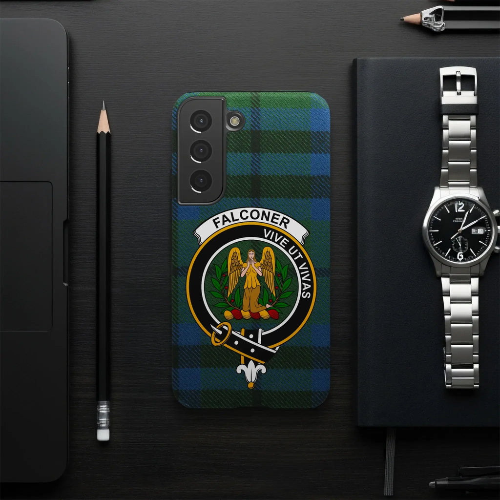 Falconer Scottish clan crest phone case — full edge-to-edge tartan wrap, Samsung model