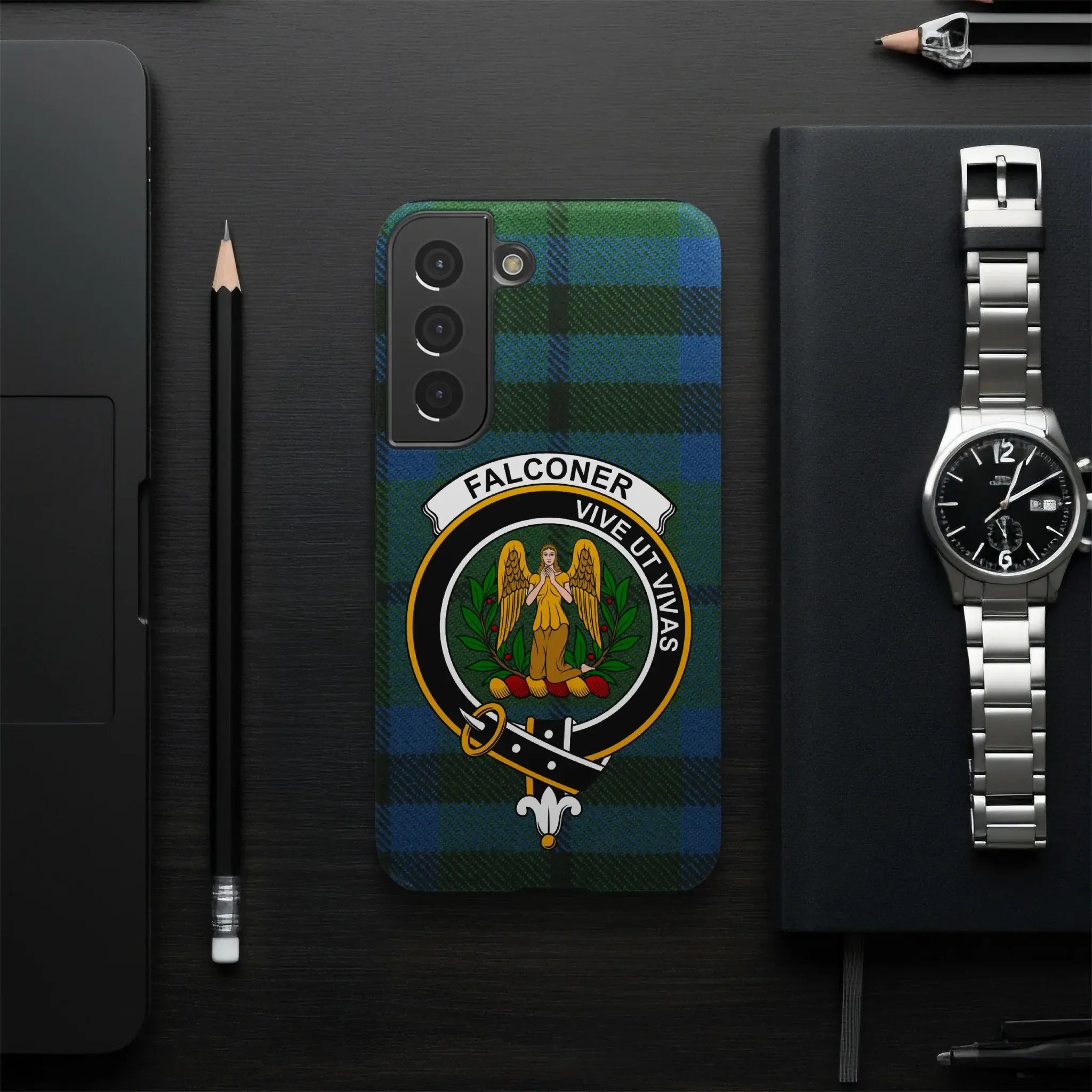 Falconer Scottish clan crest phone case — full edge-to-edge tartan wrap, Samsung model