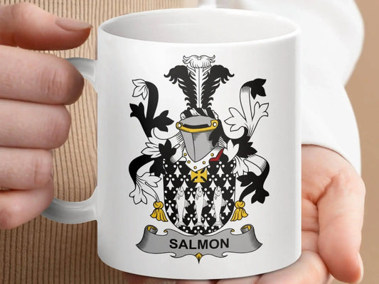 Salmon Family Crest Emblem on Stylish Ceramic Mug - Celtic Ancestry Gifts