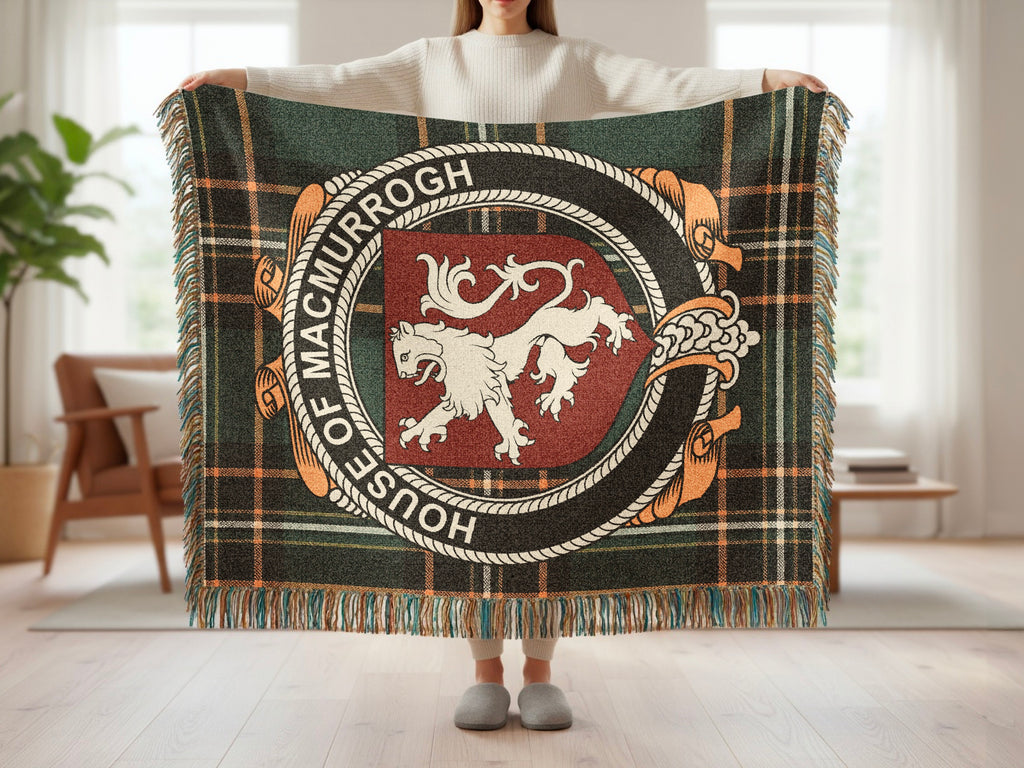 MacMurrogh surname blanket showing Irish National Tartan woven design