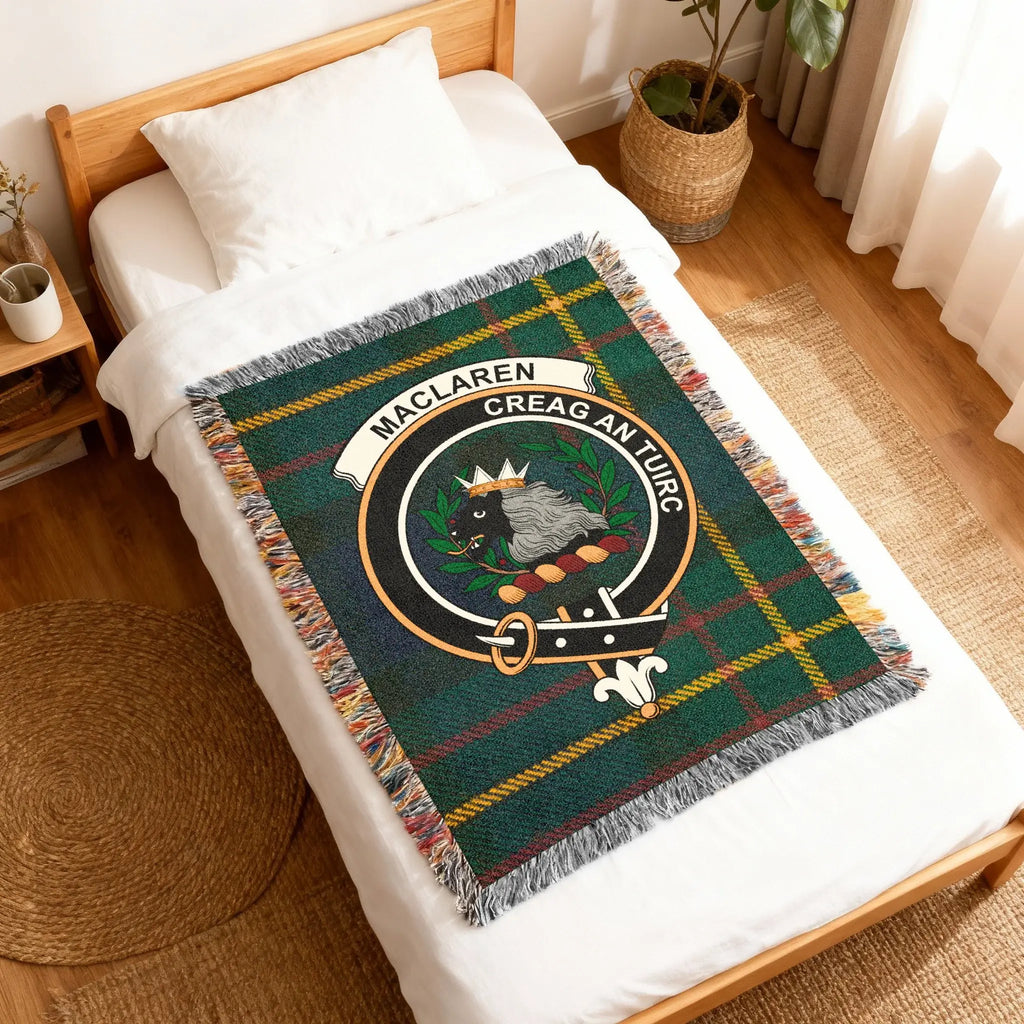 MacLaren tartan woven blanket showing full crest — 60x50 inch cotton heirloom fringe throw
