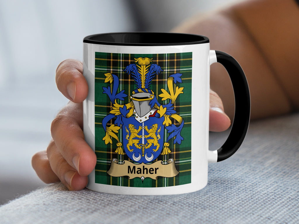 Maher family crest Irish heritage mug on Irish National Tartan background