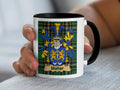 Maher family crest Irish heritage mug on Irish National Tartan background