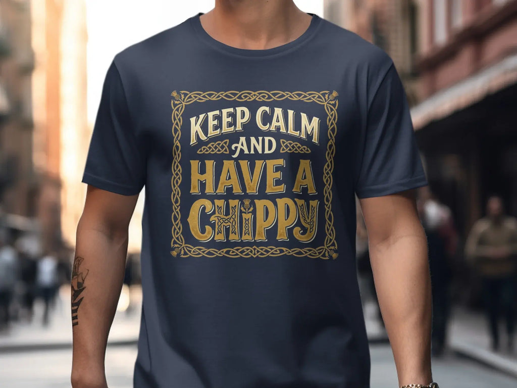 Navy t-shirt with "Keep Calm and Have a Chippy" text in gold Celtic knot border.