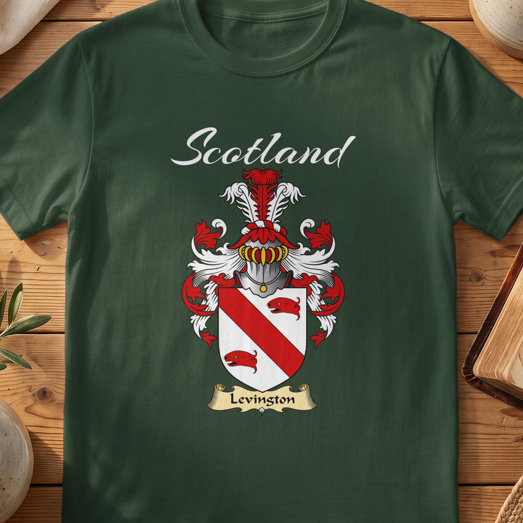 Forest Green Levingston Scottish T-shirt featuring a red diagonal band between red animal heads