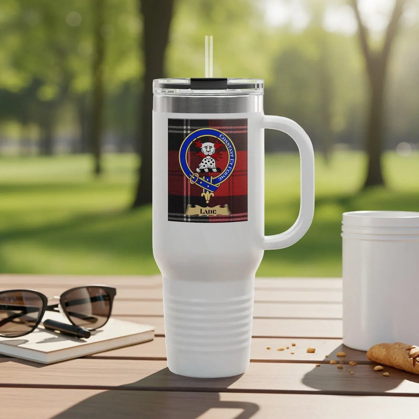 Large White Plaid Tumbler with Straw for Outdoor product