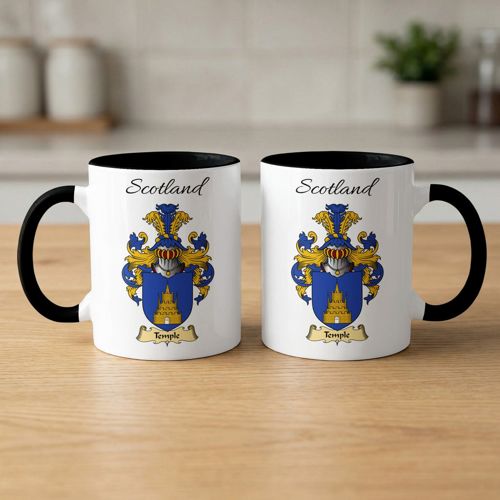 Pair of white Temple Scottish family shield mugs with black accents