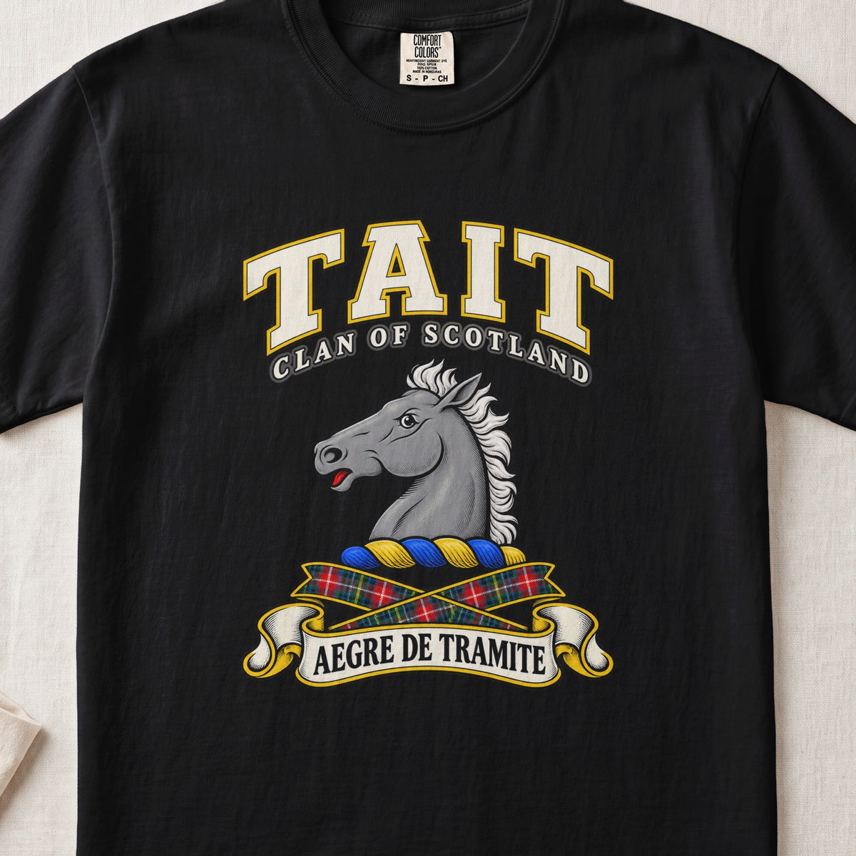 Tait Scottish clan T-shirt in Black, front view with a gray horse head and motto design.