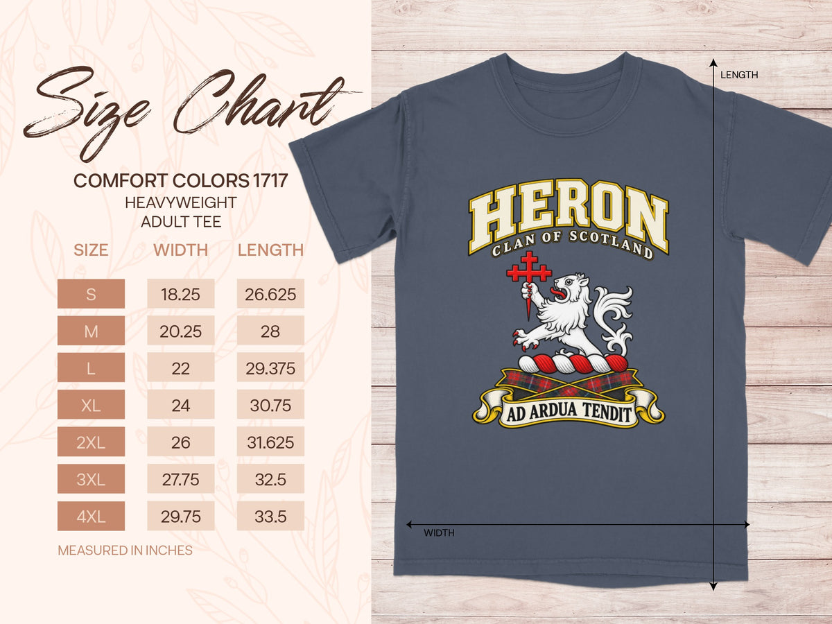 Comfort Colors 1717 size chart for the Heron Scottish clan T-shirt, adult sizes S–4XL.