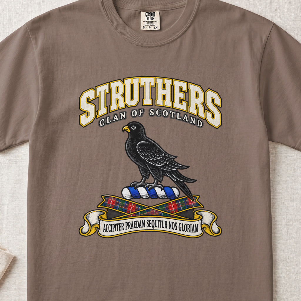 Struthers Scottish clan T-shirt in Espresso, front view with a black bird with a golden beak and motto design.