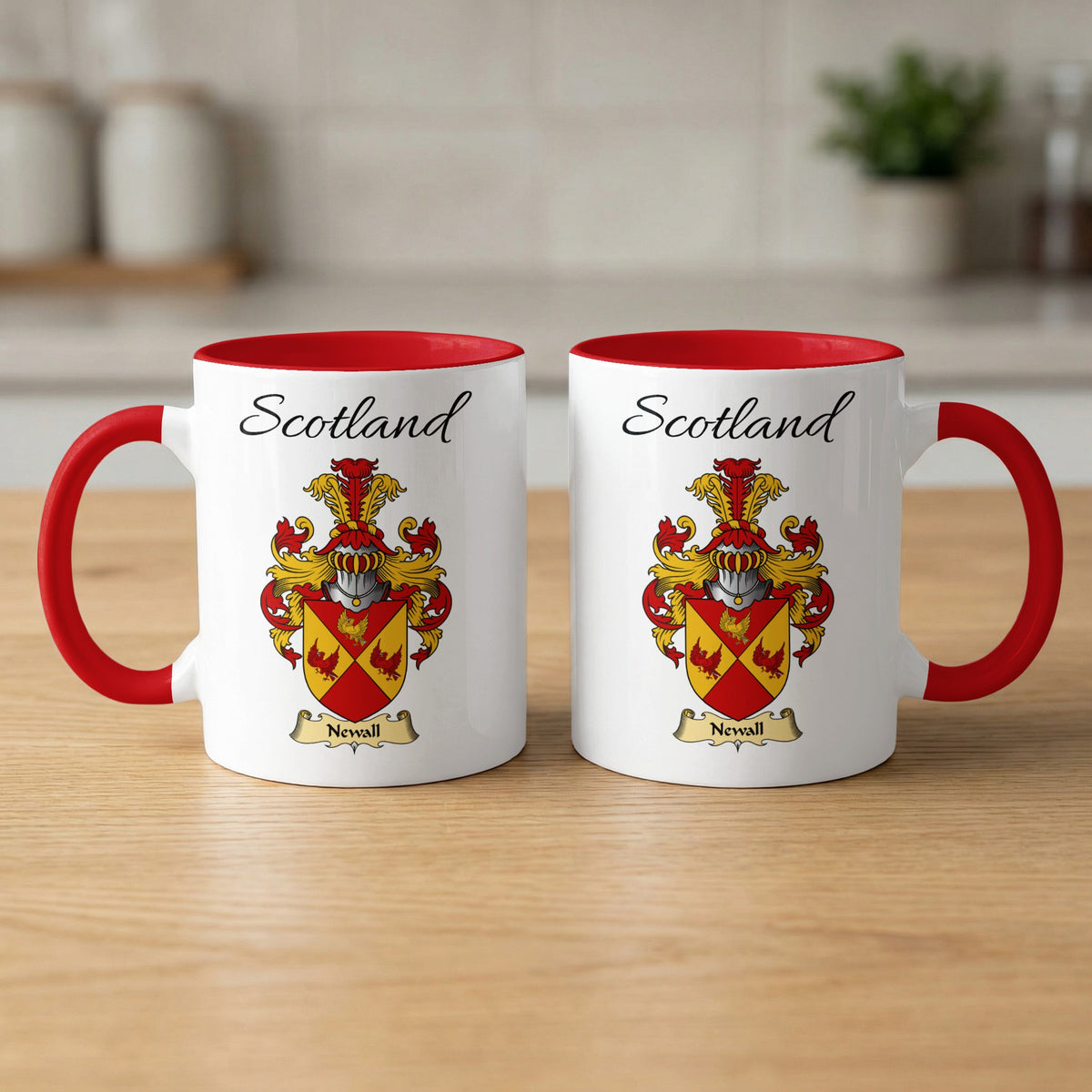 Red-accent Newall Scottish family crest mugs with Scotland above the heraldic shield
