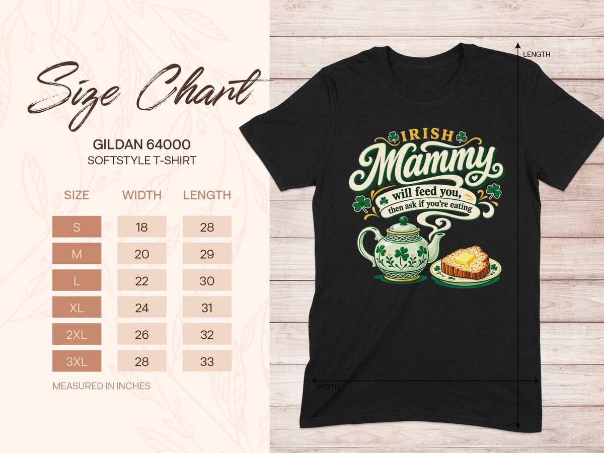 Gildan 64000 unisex T-shirt size chart with width and length measurements