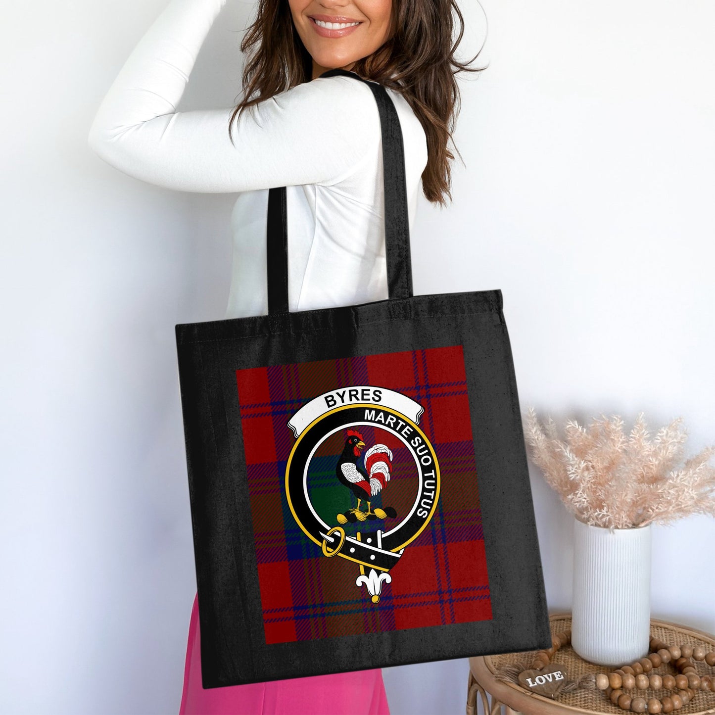 Byres Clan Crest on Tartan Background Tote Bag - Living Stone Gifts