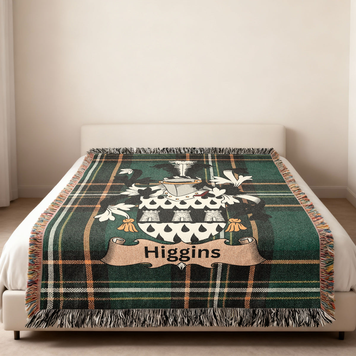 Higgins family crest emblem blanket displayed as home decor