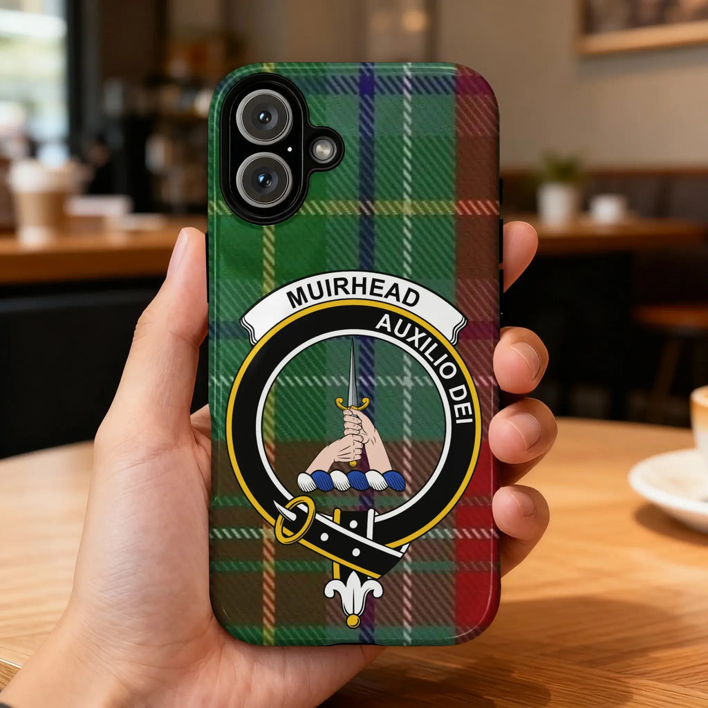 Clan Muirhead Auxilio Dei tartan phone case — glossy full-wrap print with clan crest on iPhone