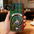 Clan Muirhead Auxilio Dei tartan phone case — glossy full-wrap print with clan crest on iPhone