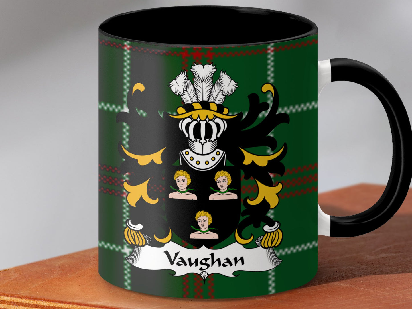 Vaughan Family Crest on Welsh National Tartan Mug - Living Stone Gifts