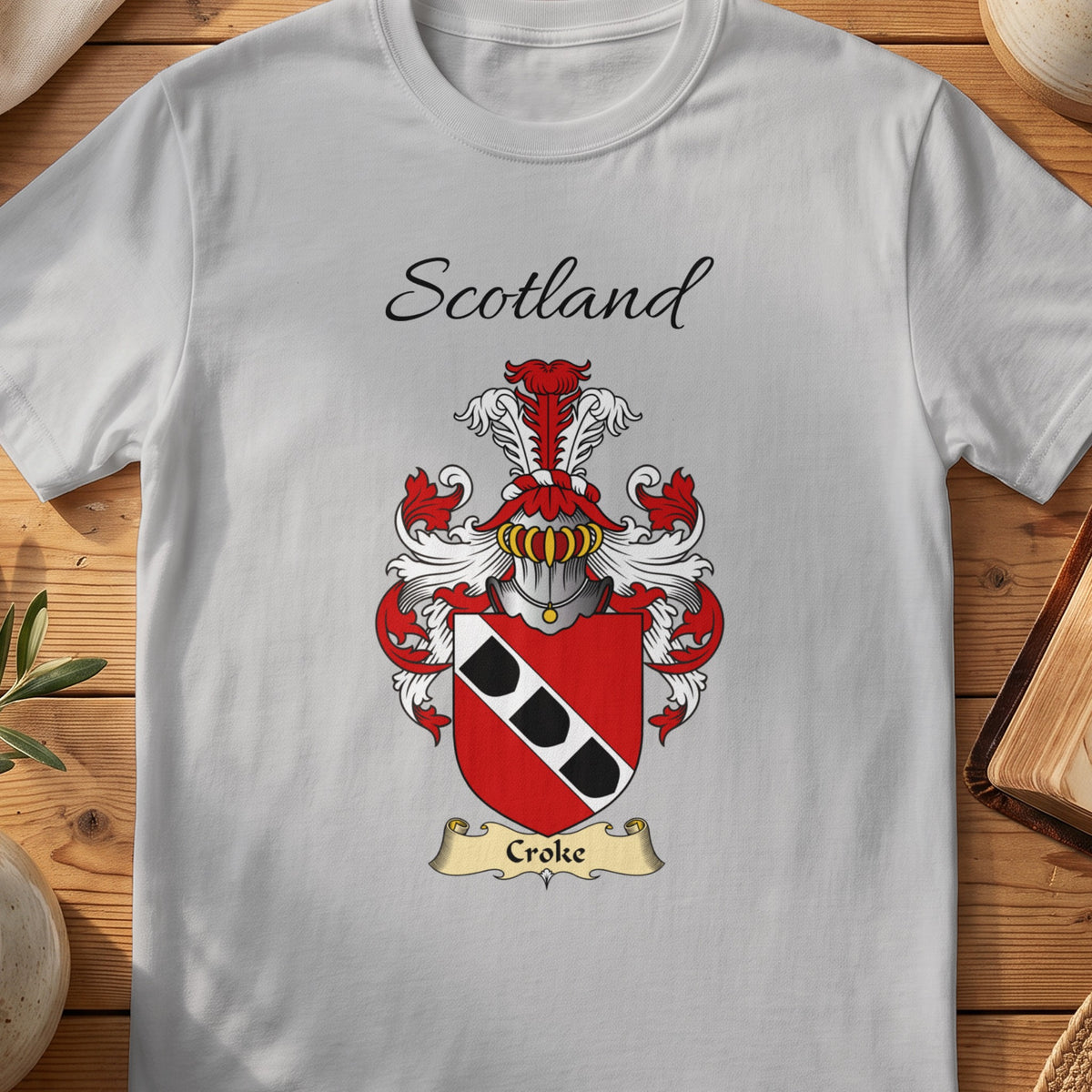 Sport Grey Croke Scottish family shield T-shirt featuring a white diagonal band carrying black shield shapes