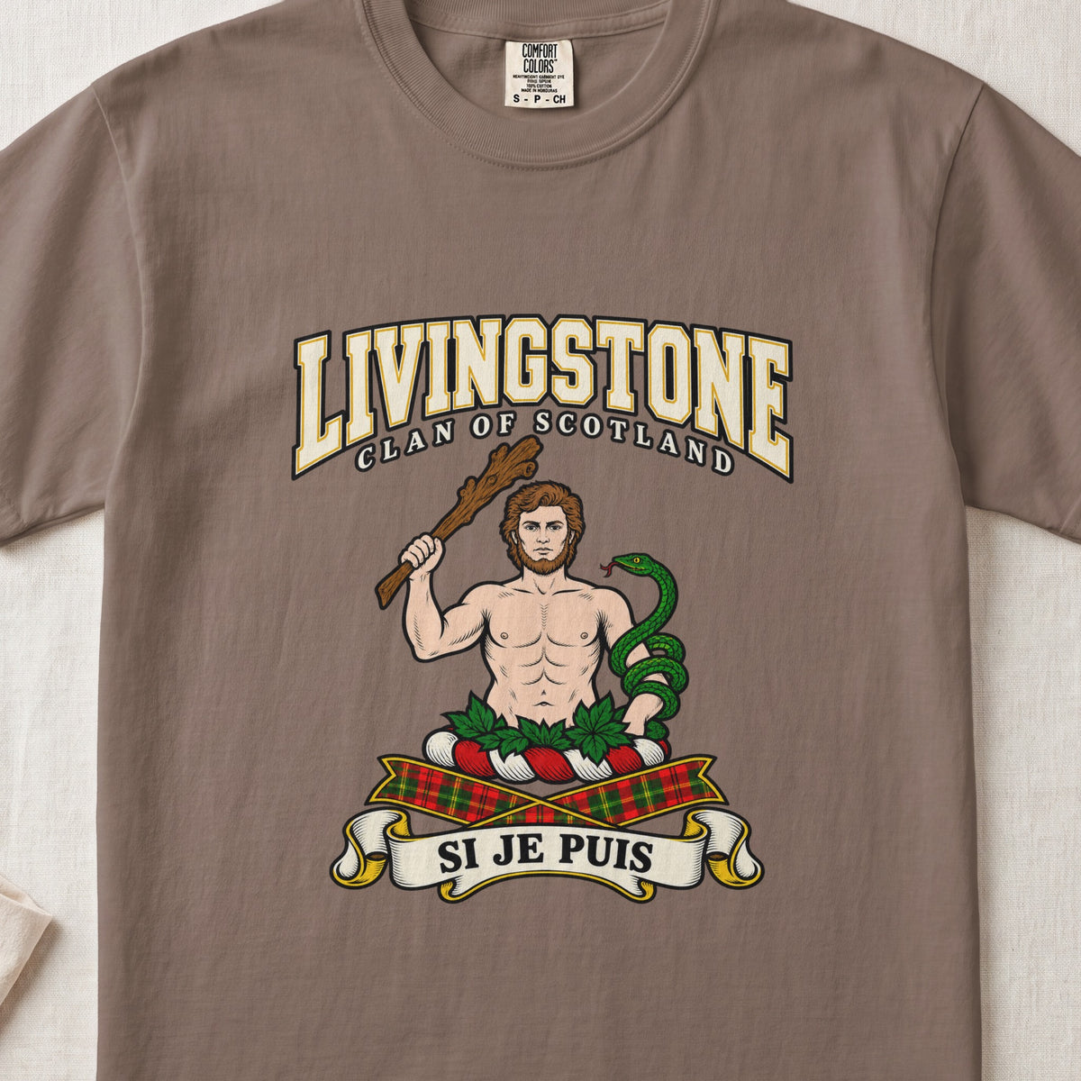 Livingstone graphic T-shirt in Espresso brown, front flat lay showing varsity lettering and bare-chested man holding a wooden club with a green snake coiled around the other arm.