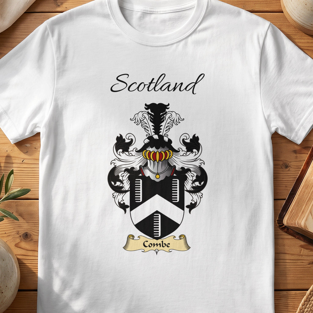 White Combe Scottish family shield T-shirt featuring a white chevron between ladder-like motifs on black