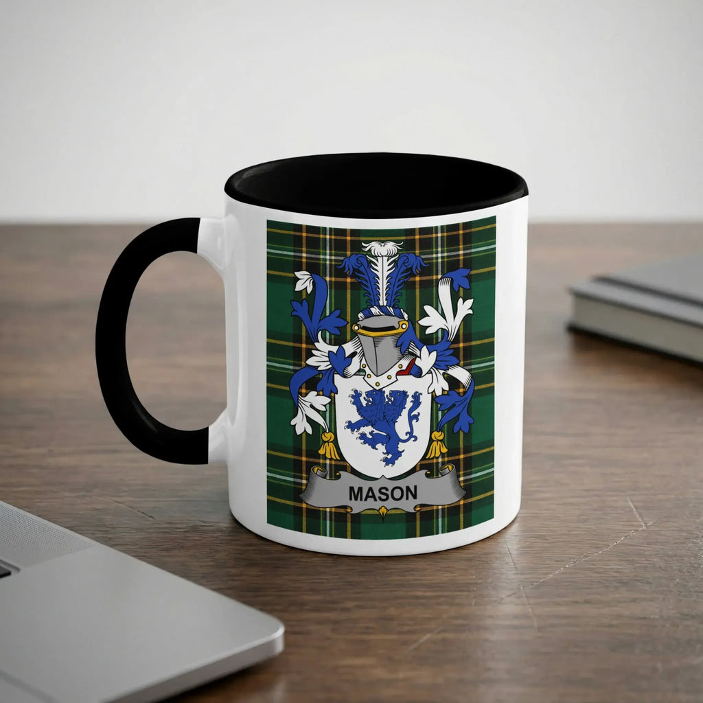 Mason family crest on a white mug with black handle and rim.