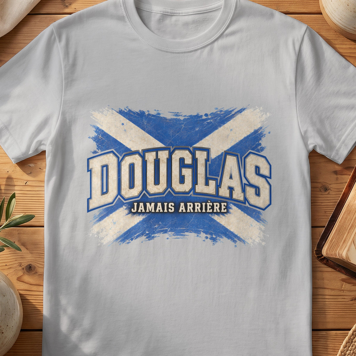 Douglas Scottish Saltire T-shirt in Sport Grey, with distressed blue and cream flag and “Jamais Arrière” lettering.
