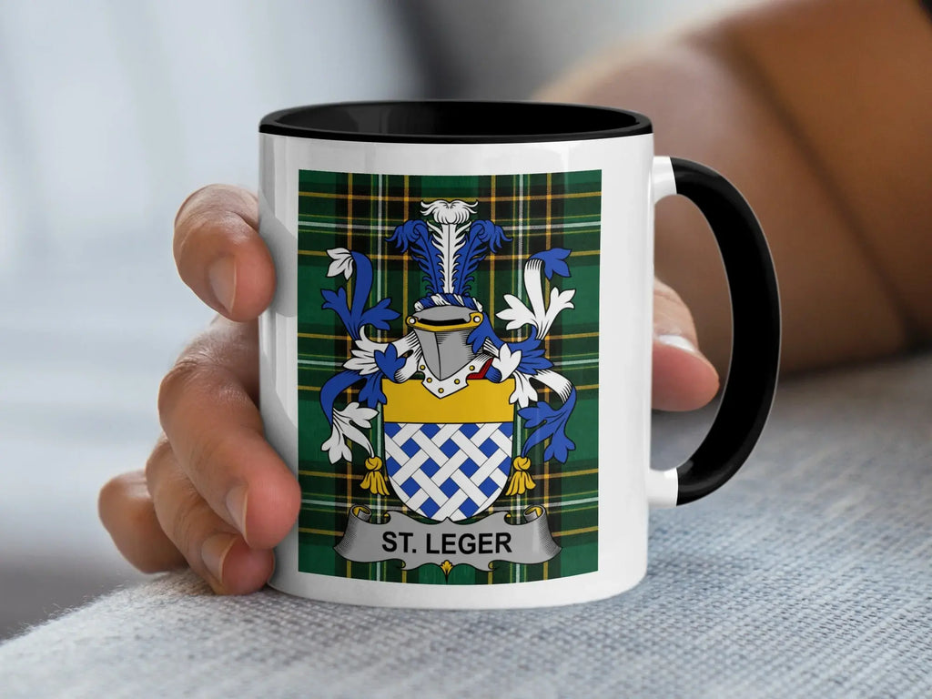 St. Leger Irish family crest black accent mug with Irish National Tartan