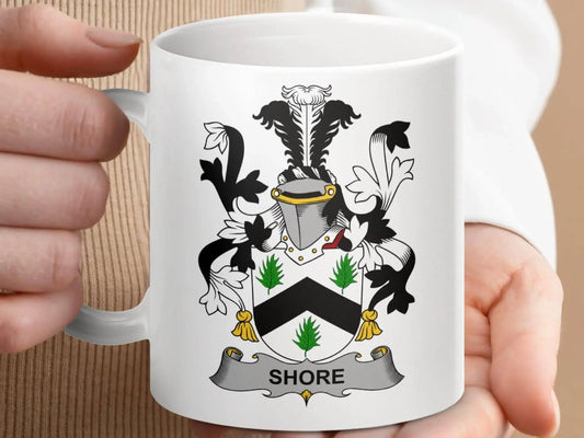 Shore Family Crest Coat of Arms Heraldic Shield Mug - Celtic Ancestry Gifts