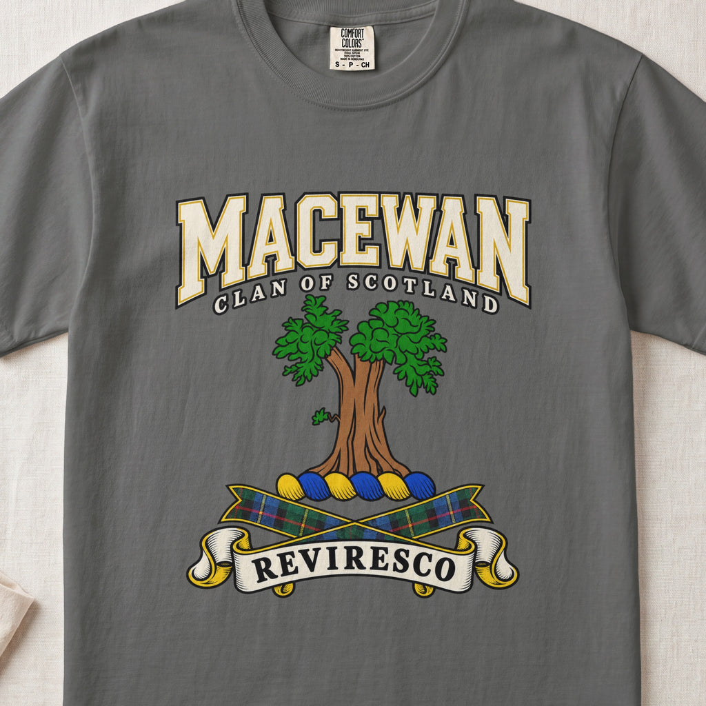 MacEwan Scottish clan graphic T-shirt in Pepper, front view