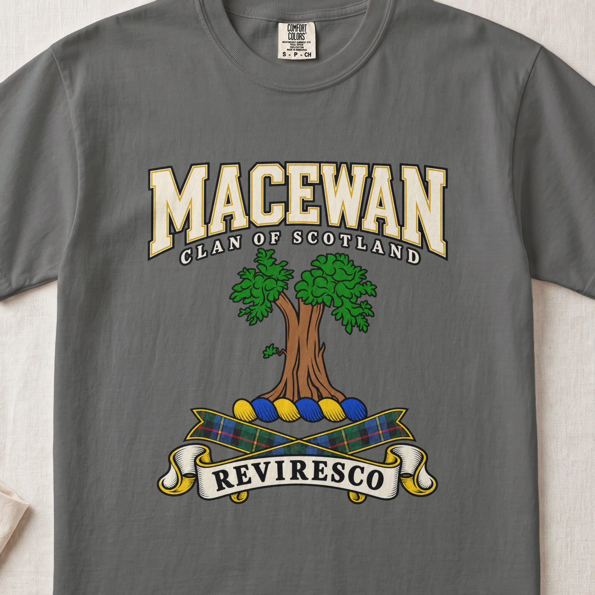 MacEwan Scottish clan graphic T-shirt in Pepper, front view